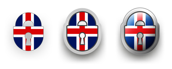Set of 3 vector labels of Iceland  locked padlock, flat and volumetric style in flag colors blue, red, white for poster, flyer