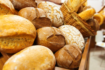 Fresh baked bread. Many loaves of bread lie on a wooden pan