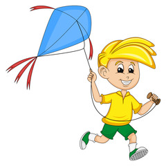 a boy fly a kite cartoon vector illustration
