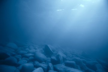 landscape diving in cenote, underwater fog hydrogen sulfide, extreme adventure in mexico