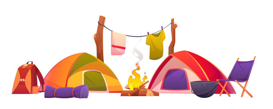 camping scene with tents, fire, and gear clip art preview