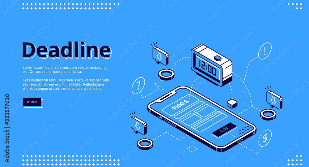 Poster deadline isometric landing page. mobile phone digital interface with online payment application on s