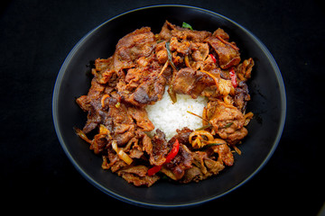 Stir fried with pork and vegetables sprinkle sesame seeds