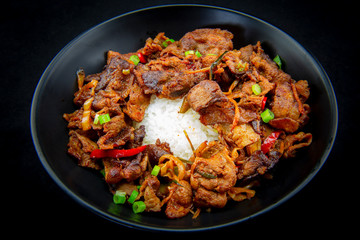 Stir fried with pork and vegetables sprinkle sesame seeds