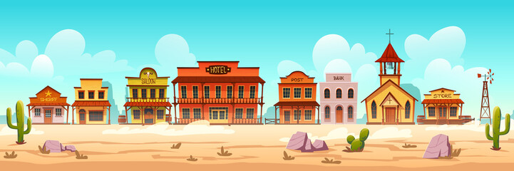 Western town with old wooden buildings. Wild west desert landscape with cactuses. Vector cartoon illustration of wild west city street with catholic church, saloon, sheriff office, bank and hotel