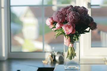 bouquet of pink peonies / concept gift, beautiful flowers, peonies at home, summer bouquet © kichigin19