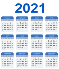 Calendar 2021. Week starts on Sunday. Basic grid