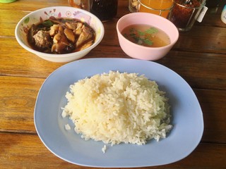 Steamed rice and Stewed pork leg in a bowl. Thai food.