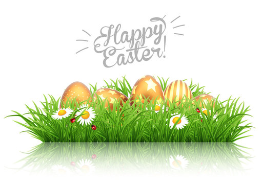 Happy Easter greeting card. Rabbit ears peeping out of grass with daisies.
