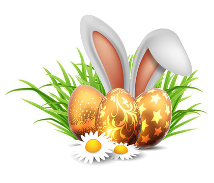 Happy Easter greeting card. Rabbit ears, eggs and daisies. Vector illustration.