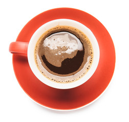 Cup of hot coffee on white background, top view