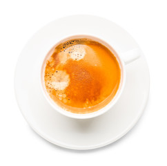 Cup of hot coffee on white background, top view