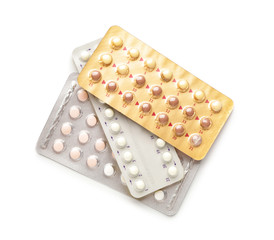 Contraceptive pills on white background