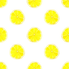 Obraz premium Hand-drawn yellow watercolor half of lemon seamless pattern on white background. Citrus endless print for your design. Cute fruit slice wallpaper.
