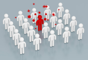 3d illustration of a lot of people. The distribution pattern of the virus in the crowd. 3d concept modeling
