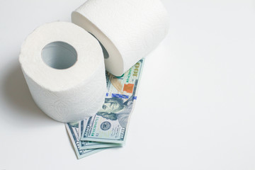 Roll of toilet paper with usd dollar bills on white background. Panic buying Covid-19 Coronavirus outbreak concept.