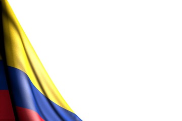 pretty isolated picture of Colombia flag hangs in corner - mockup on white with space for content - any holiday flag 3d illustration..