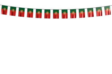 wonderful many Portugal flags or banners hanging on rope isolated on white - any celebration flag 3d illustration..