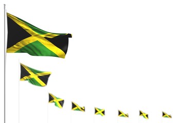 pretty Jamaica isolated flags placed diagonal, picture with bokeh and place for content - any holiday flag 3d illustration..