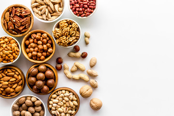 Set of macadamia, hazelnut, walnut, almond, pistachio, pecans nuts on white background top-down...