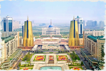  Imitation of a picture. Oil paint. Illustration. Astana. View from the bird's-eye view - obrazy, fototapety, plakaty