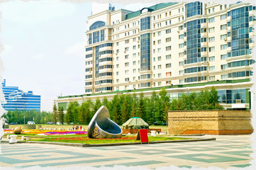 Fototapeta na wymiar Imitation of a picture. Oil paint. Illustration. Astana. Center of city. Nurzhol Boulevard