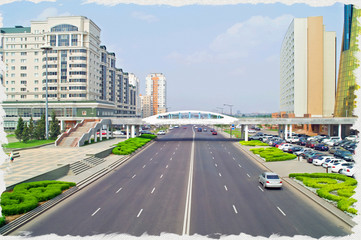 Imitation of a picture. Oil paint. Illustration. Astana. Center of city. Nurzhol Boulevard