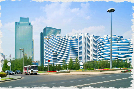 Imitation of a picture. Oil paint. Illustration. Astana. Center of city. Nurzhol Boulevard