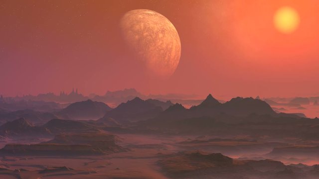 Misty Alien Planet. The rocky desert is covered with thick pink fog. A huge planet (moon) is slowly approaching. Bright yellow sun slowly sets. 