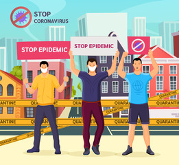 Obraz premium Coronavirus in China. Coronavirus pandemic COVID-19. Protesting group people with placards calling for stop epidemic. Students wearing protective masks protect the face against chinese virus vector