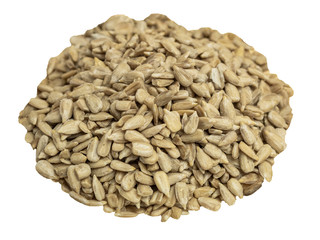 Peeled sunflower seeds in a glass plate on a wooden background