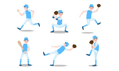 Fototapeta na wymiar Set of baseball player characters in different actions. Vector illustration in flat cartoon style.