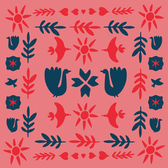 Decor inspired by traditional art form in red, pink and dark blue. Spring celebration folk doodle art square tile. Folklore cliparts elements for notebook, tile, napkins, coasters, postcard