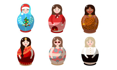 Set of nesting dolls in colorful costumes of different nationalities. Vector illustration in flat cartoon style.