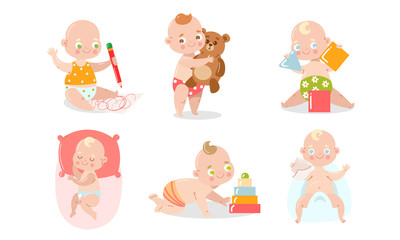 Set of a cute baby in underpants with different situations. Vector illustration in flat cartoon style.