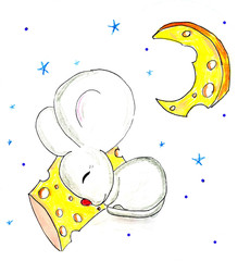 Little mouse sleep on the cheese. Postcard and print