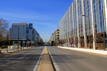Fototapeta na wymiar Athens, Greece, March 21 2020 - Empty Suggrou Avenue, one of the most crowded streets of Athens due to Coronavirus outbreak.
