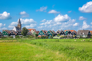 Marken island, beautiful traditional fisherman village houses, typical Dutch landscape, North...