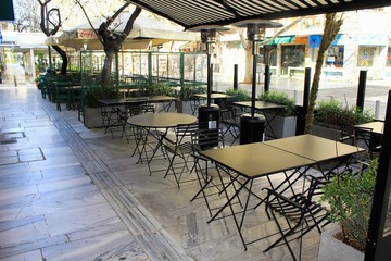 Athens, Greece, March 14 2020 - Closed restaurant due to Coronavirus outbreak.