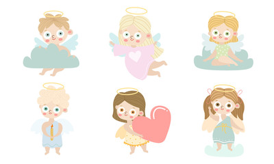 Set of cute beautiful angel kids. Vector illustration in flat cartoon style.