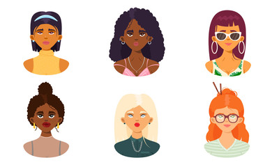 Set of cute girls faces of different nationalities. Vector illustration in flat cartoon style.