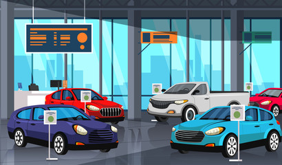 Fototapeta na wymiar Car showroom center with autos exhibition inside