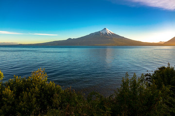 Plakat Lake, mountains and volcano beautiful landscape, Chile, Patagonia, South America