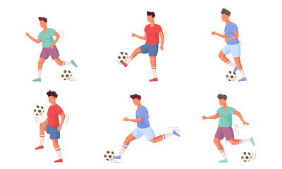 Fototapeta na wymiar Set of football or soccer player characters in different actions. Vector illustration in flat cartoon style.