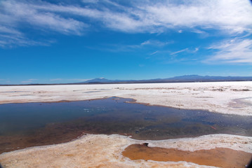Landscape of Salar de Uyuni in Bolivia covered with water, salt flat desert and sky reflections