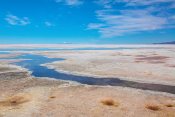 Landscape of Salar de Uyuni in Bolivia covered with water, salt flat desert and sky reflections