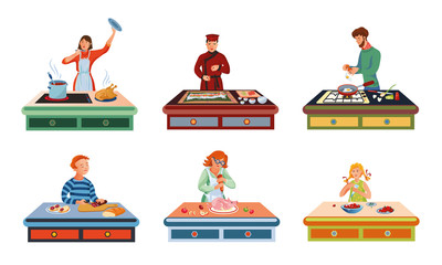 Set of different people cooking various food on the table. Vector illustration in flat cartoon style.