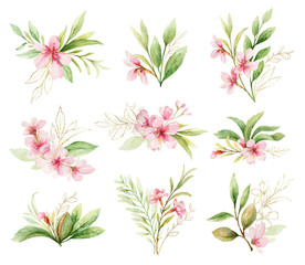 Fototapeta na wymiar Watercolor vector set of bouquets of pink flowers and leaves.
