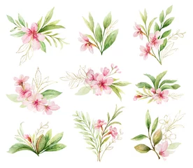  Watercolor vector set of bouquets of pink flowers and leaves. © ElenaMedvedeva