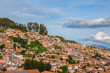 Cusco, view of centre and cityscape of city and mountains from above, Peru, South America